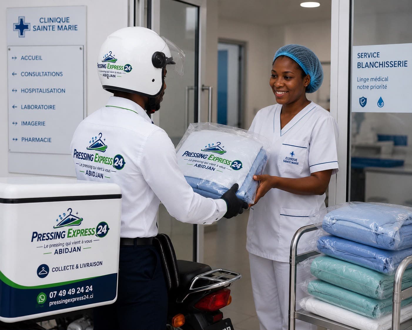 Un livreur Pressing Express 24 remet du linge propre emballé à une infirmière de la Clinique Sainte Marie, à Abidjan