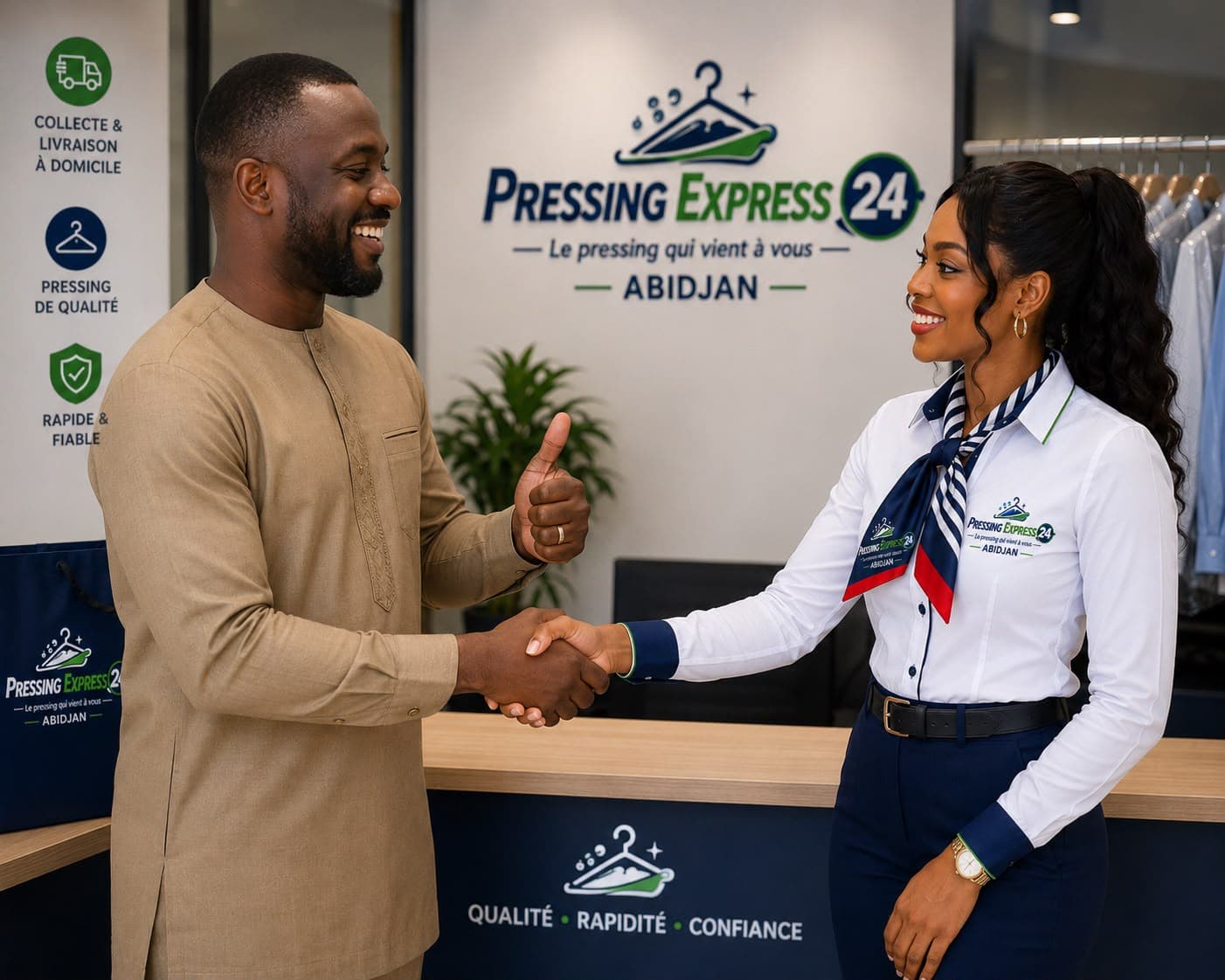 Une hôtesse Pressing Express 24 accueille un client au comptoir de la boutique à Abidjan