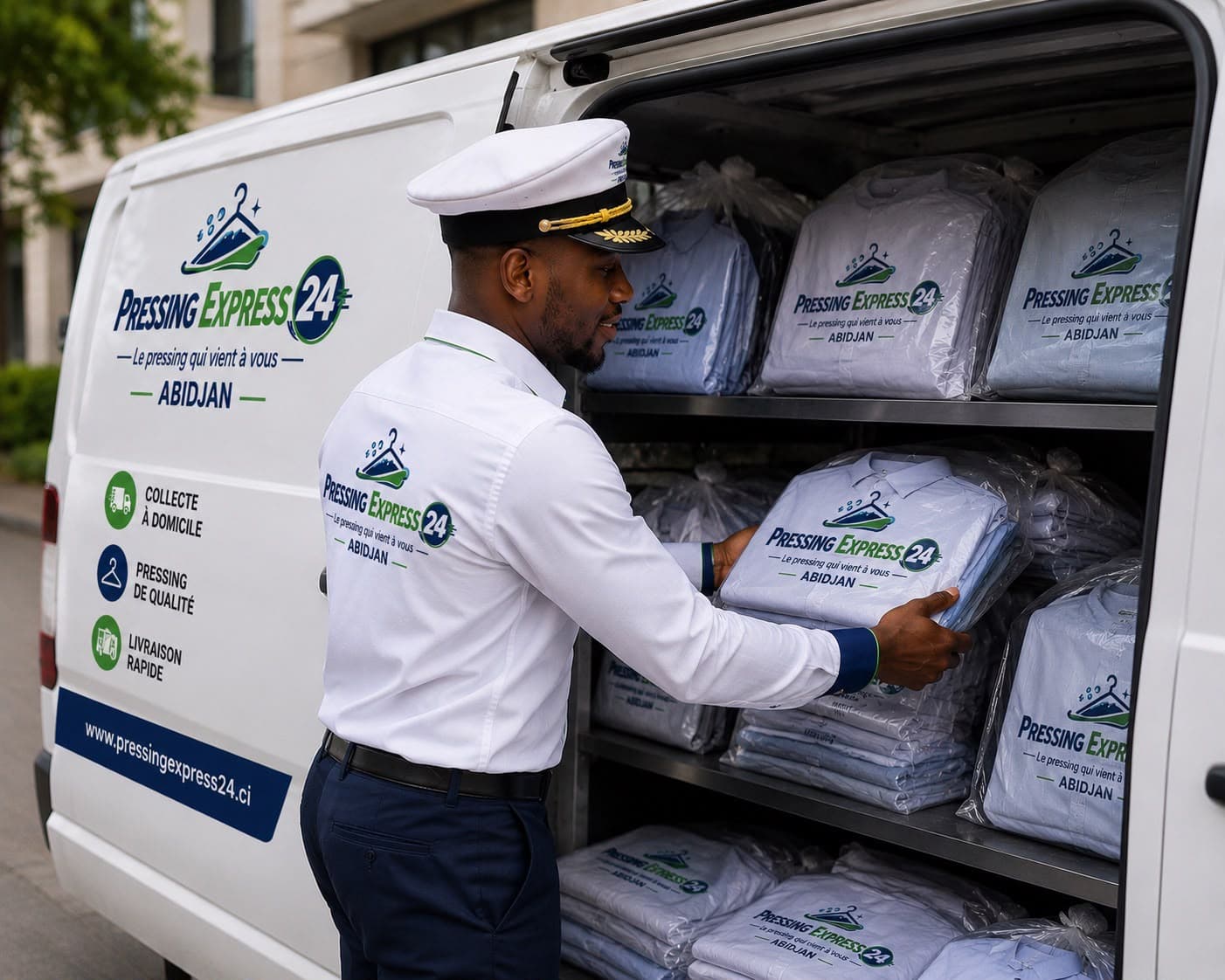 Un livreur Pressing Express 24 range du linge emballé dans la camionnette de collecte